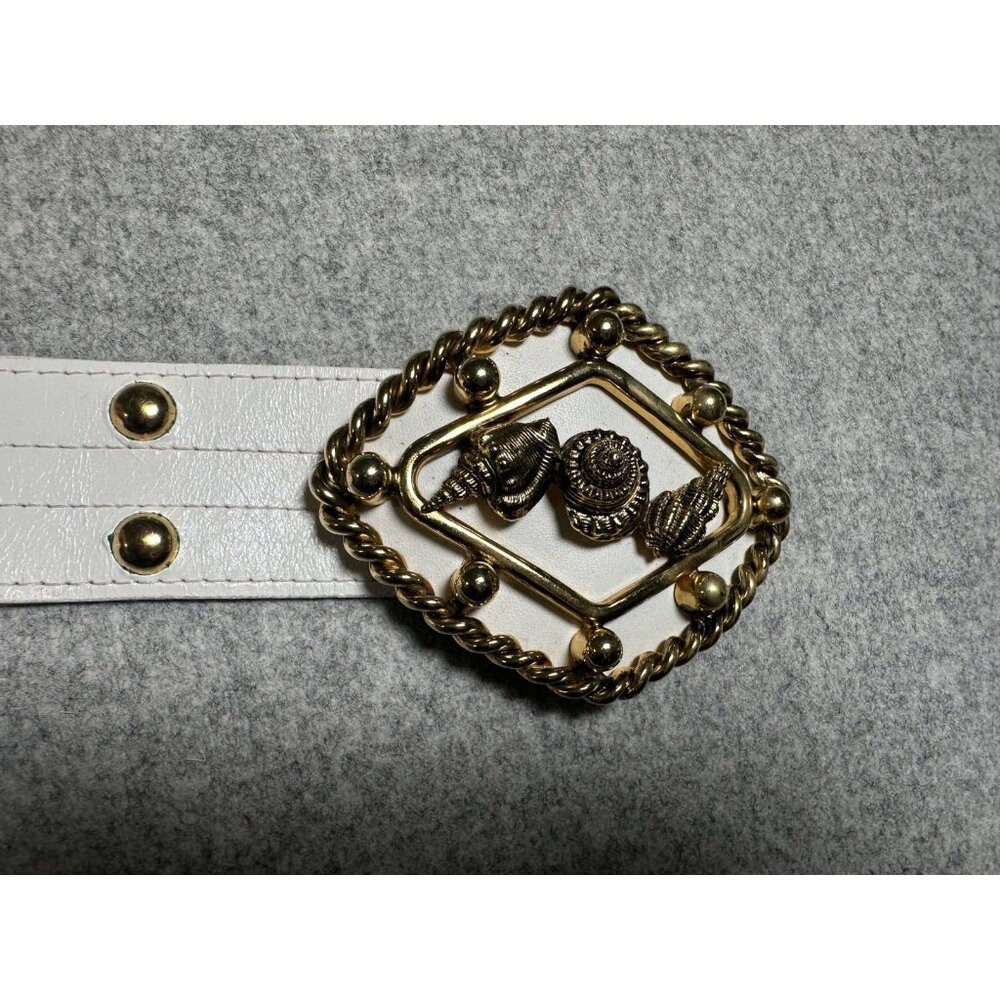 Vintage Shell Womens Leather Belt White Gold Buckle Beach‎ Themed Wide Statement